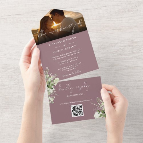 Mauve Floral Greenery QR Code Wedding Photo All In One Invitation