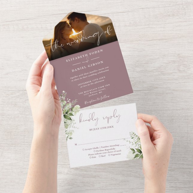 Mauve Floral Greenery Wedding Photo All In One Invitation (Tearaway)