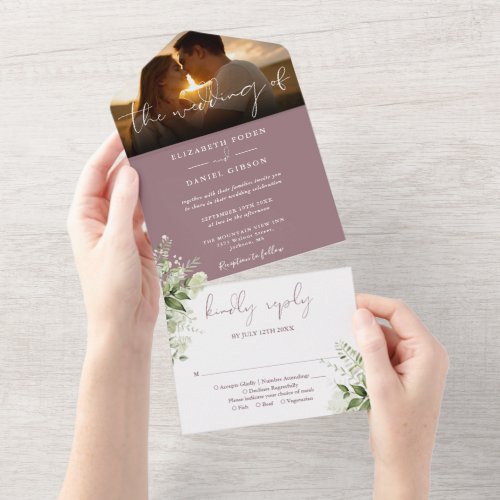 Mauve Floral Greenery Wedding Photo All In One Invitation