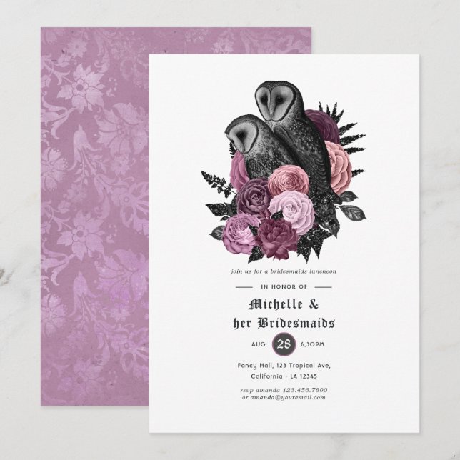 Mauve Floral Owls Gothic Bridesmaids Luncheon Invitation (Front/Back)