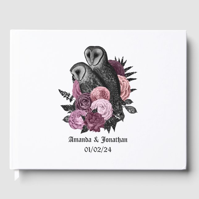 Mauve Floral Owls Gothic Wedding Guest Book (Front)