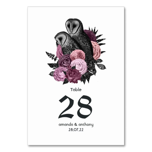 Mauve Floral Owls Gothic Wedding Table Number (Front)
