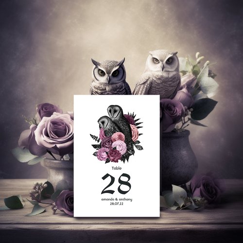 Mauve Floral Owls Gothic Wedding Table Number