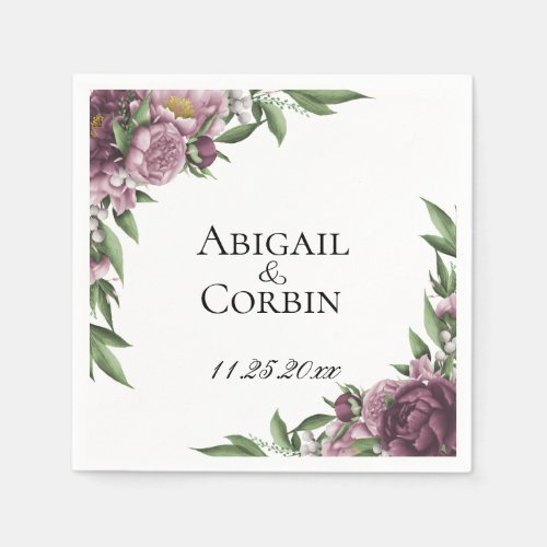 Mauve Floral Personalized Wedding Paper Napkins