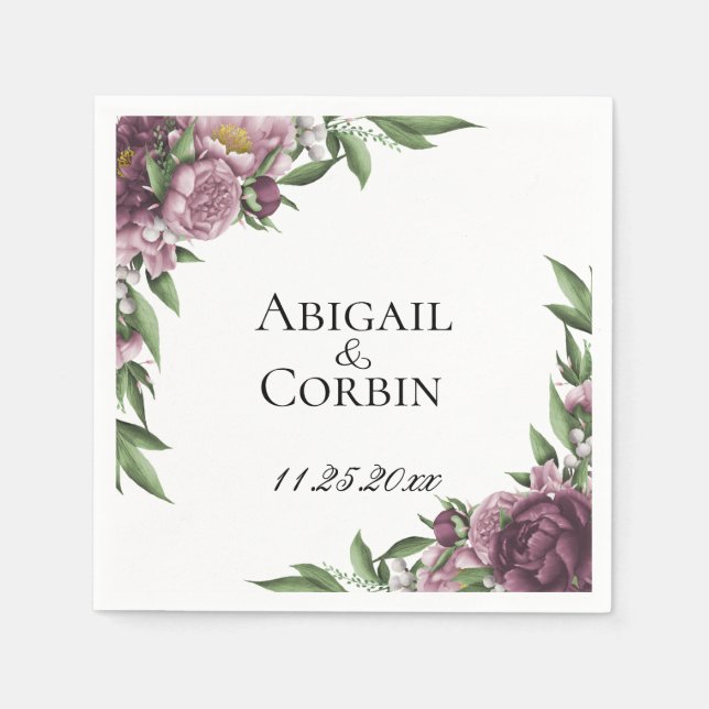 Mauve Floral Personalized Wedding Paper Napkins (Front)