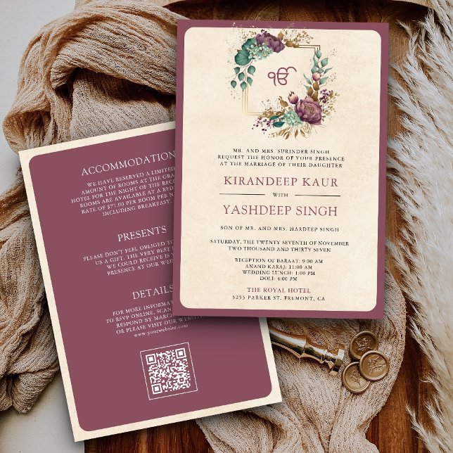 Mauve Floral QR Code Anand Karaj Sikh Wedding Invitation (Creator Uploaded)
