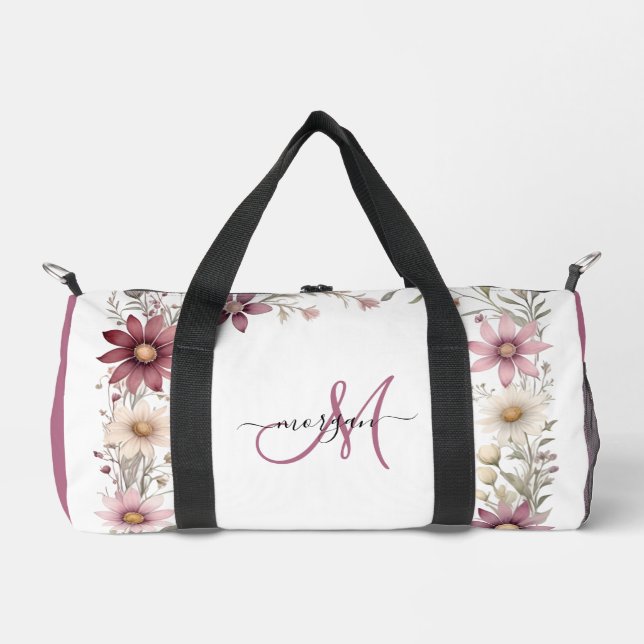 Mauve Floral Small Personalized Gym Duffel Bag (Front)