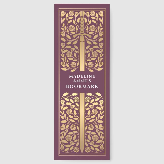 Mauve Floral Sword Medieval Fantasy Name Bookmarks (Front)
