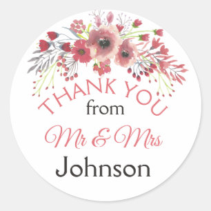 Mauve Floral Thank You Personalized Mr & Mrs Classic Round Sticker
