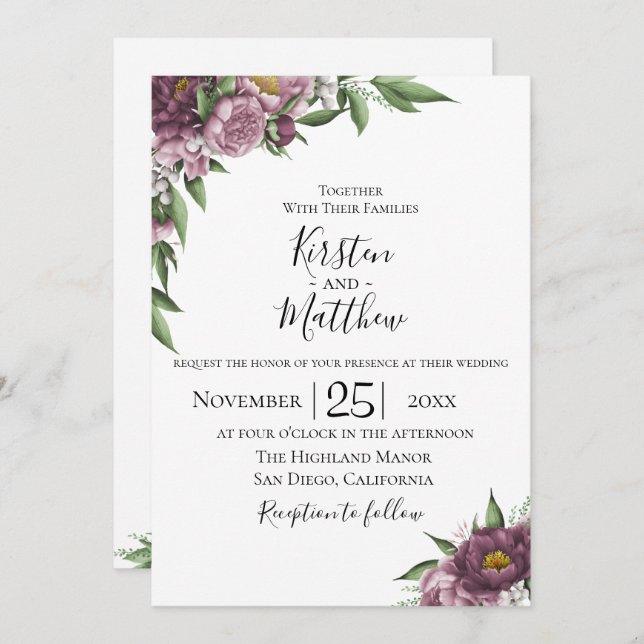 Mauve Floral Wedding Invitation (Front/Back)