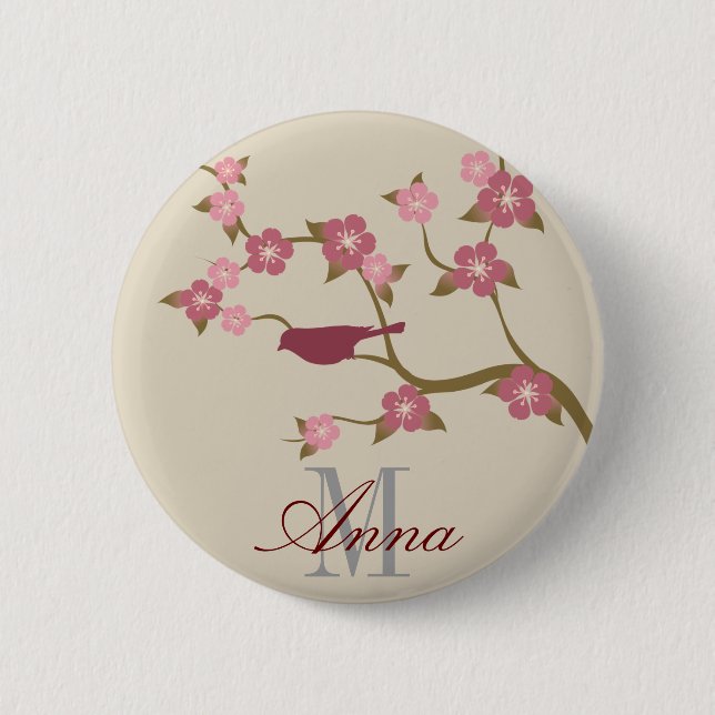 Mauve Flower Bird Custom Name Button Gray (Front)