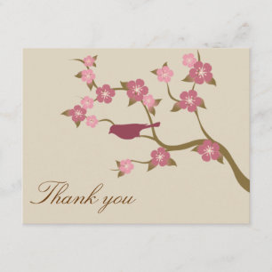 Mauve Flower Bird Flat Thank You Card Gray