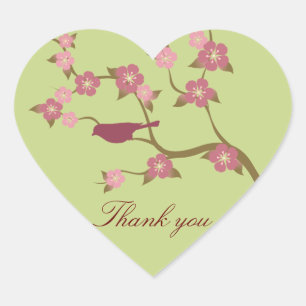 Mauve Flower Bird Thank You Heart Sticker Green