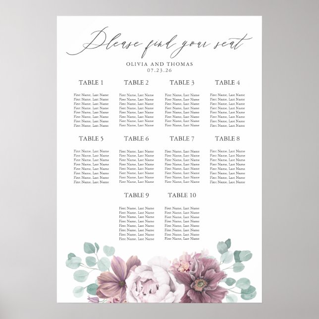 Mauve Flowers and Eucalyptus Wedding Seating Chart (Front)