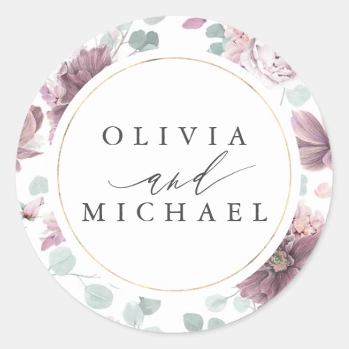 Mauve Flowers and Gold Frame Elegant Wedding Classic Round Sticker