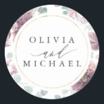 Mauve Flowers and Gold Frame Elegant Wedding Classic Round Sticker<br><div class="desc">Mauve floral wedding stickers</div>