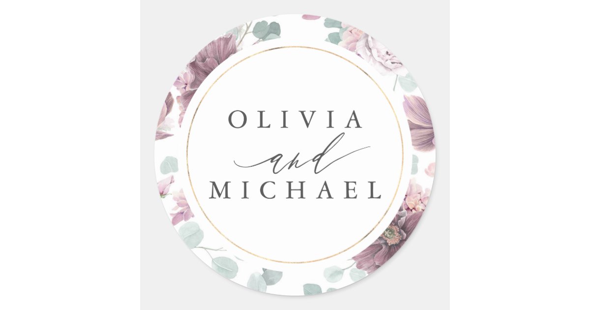 Mauve Flowers and Gold Frame Elegant Wedding Classic Round Sticker | Zazzle