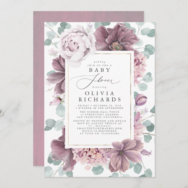 Mauve Flowers and Greenery Elegant Baby Shower Invitation (Front/Back)