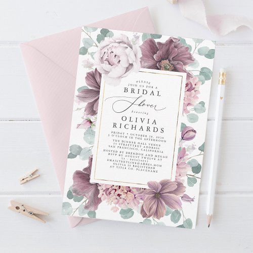 Mauve Flowers and Greenery Elegant Bridal Shower Invitation