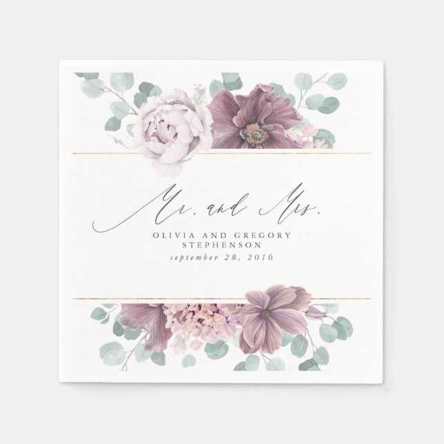 Mauve Flowers Elegant Botanical Mr and Mrs Napkins (Front)