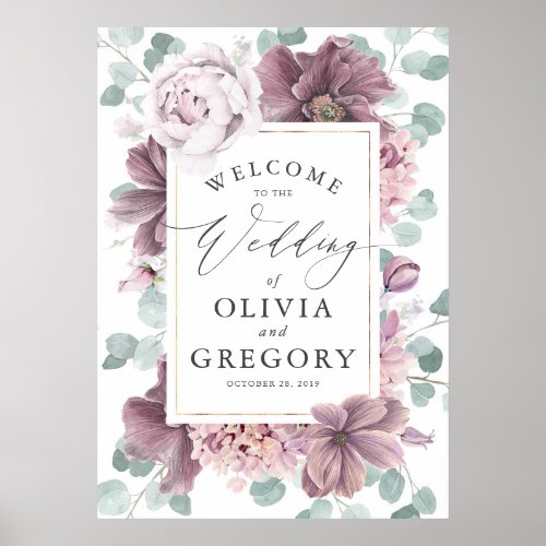 Mauve Flowers Elegant Greenery Wedding Welcome Poster