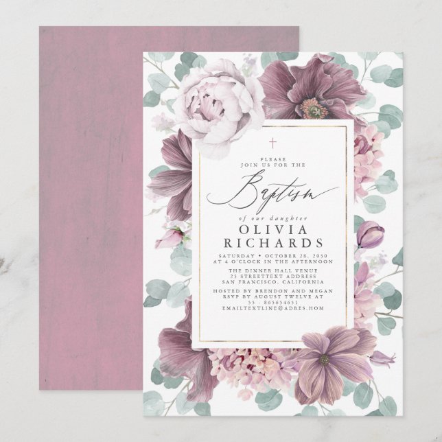 Mauve Flowers Eucalyptus Leaves Elegant Baptism Invitation (Front/Back)
