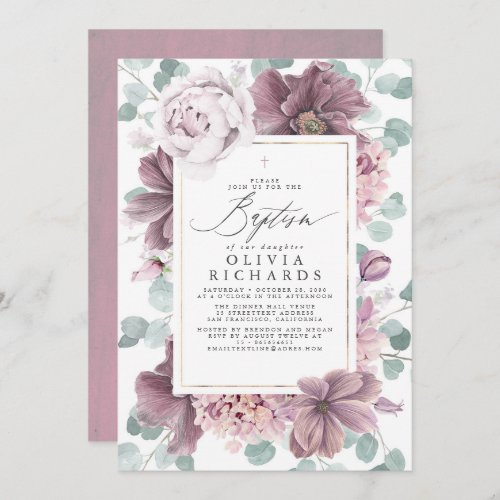 Mauve Flowers Eucalyptus Leaves Elegant Baptism Invitation