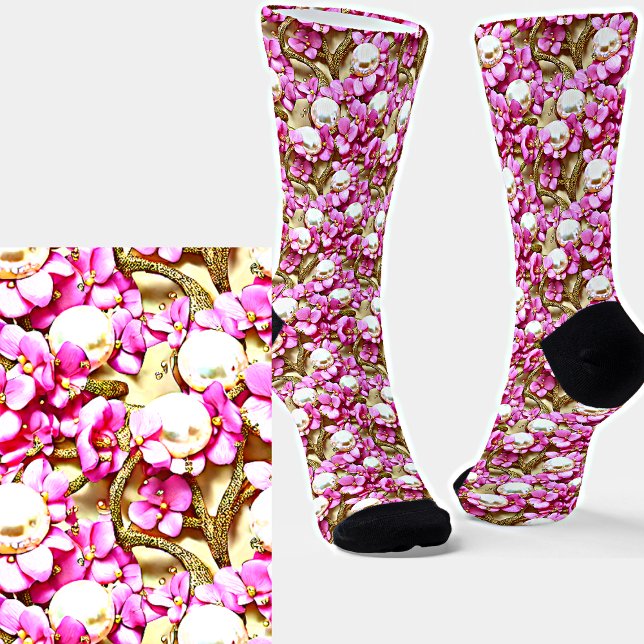 Mauve Flowers White Pearls Gold Stems  3D Effect   Socks (Creator Uploaded)