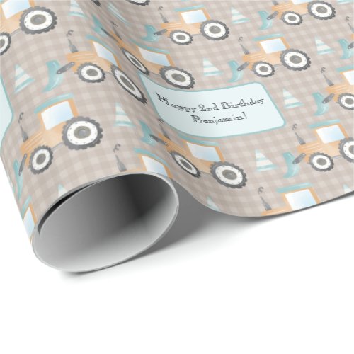 Mauve Gingham Plaid Construction Digger Text Name Wrapping Paper