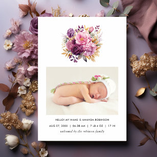 Mauve & Gold Floral Birth Announcement Photo Card
