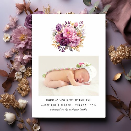 Mauve  Gold Floral Birth Announcement Photo Card
