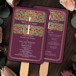 Mauve Gold Floral Sword Royal Wedding Program Hand Fan