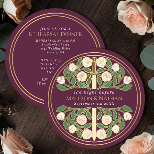 Mauve Gold Floral Sword Royal Wedding Rehearsal  Invitation