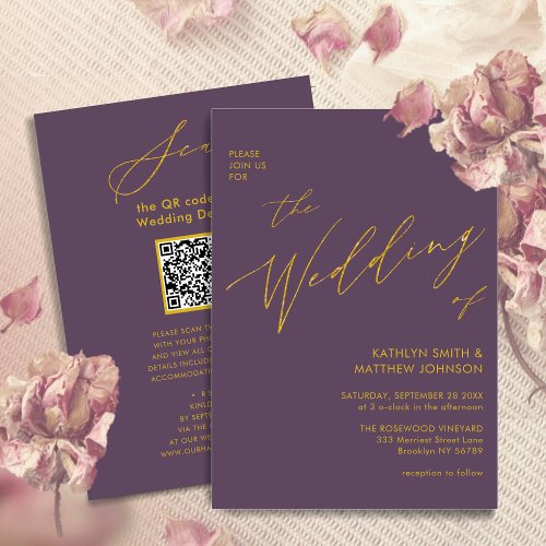 Mauve Gold QR Code All In One Elegant Wedding Invitation
