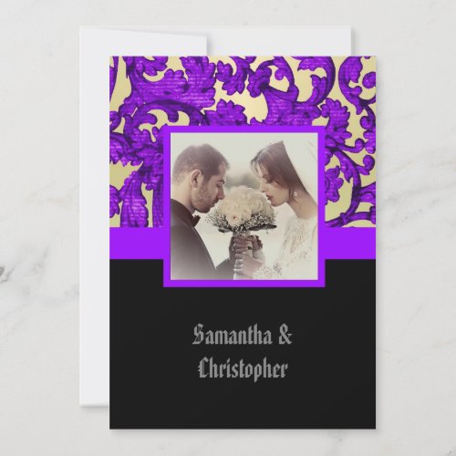 Mauve Gothic damask wedding photo invitation