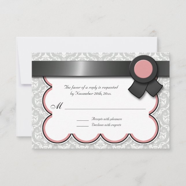Mauve & Gray Damask Wedding Reply / RSVP Cards (Front)