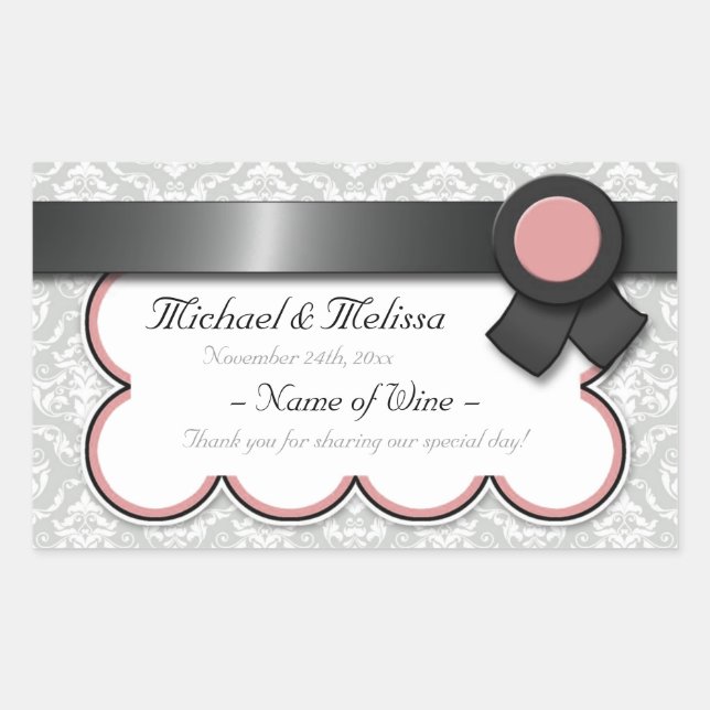 Mauve & Gray Damask Wedding Wine Bottle Labels (Front)