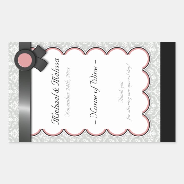 Mauve & Gray Damask Wedding Wine Bottle Labels (Front)