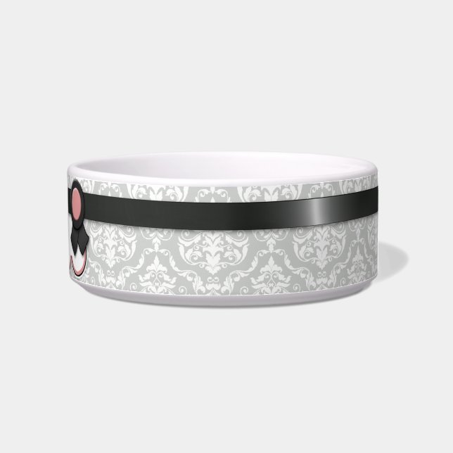 Mauve & Gray Ribbon Design Damask Cat Bowl (Right)