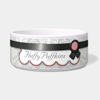 Mauve & Gray Ribbon Design Damask Dog Bowl