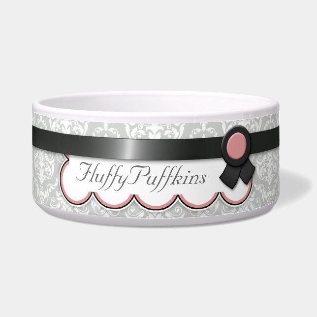 Mauve & Gray Ribbon Design Damask Dog Bowl (Front)