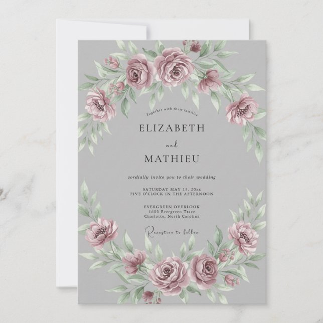 Mauve Gray Romantic Watercolor Wedding Invitation (Front)