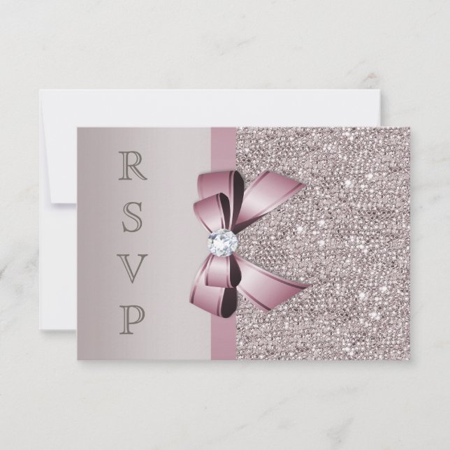 Mauve Gray Sequins Diamonds Bow RSVP Card (Front)
