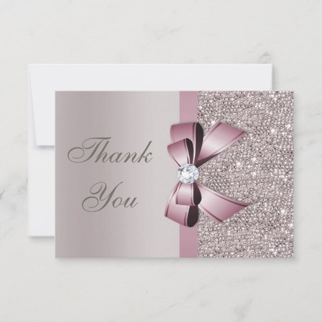 Mauve Gray Sequins Diamonds Bow Thank You Card (Front)