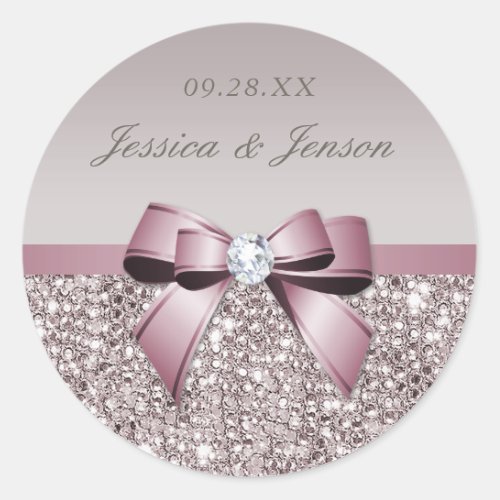 Mauve Gray Sequins Diamonds Bow Wedding Classic Round Sticker