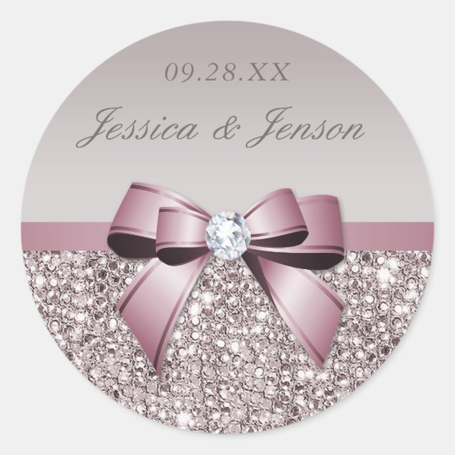 Mauve Gray Sequins Diamonds Bow Wedding Classic Round Sticker (Front)