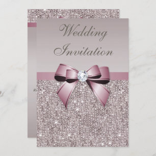 Mauve Gray Sequins Diamonds Bow Wedding Invitation