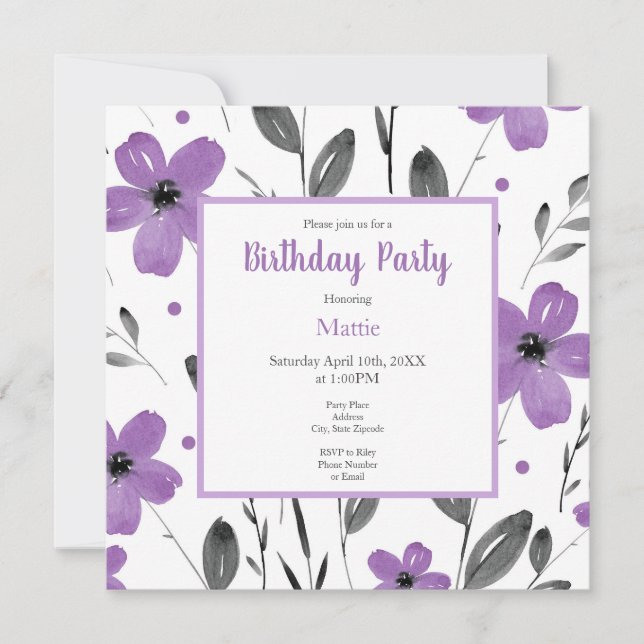 Mauve Gray Watercolor Floral Motif Invitation (Front)