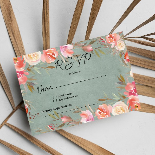 Mauve green pink ivory winter floral lace RSVP Invitation (Mauve green pink ivory winter floral lace RSVP)