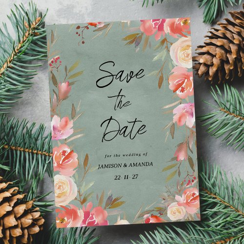 Mauve green pink ivory winter floral Save The Date Invitation